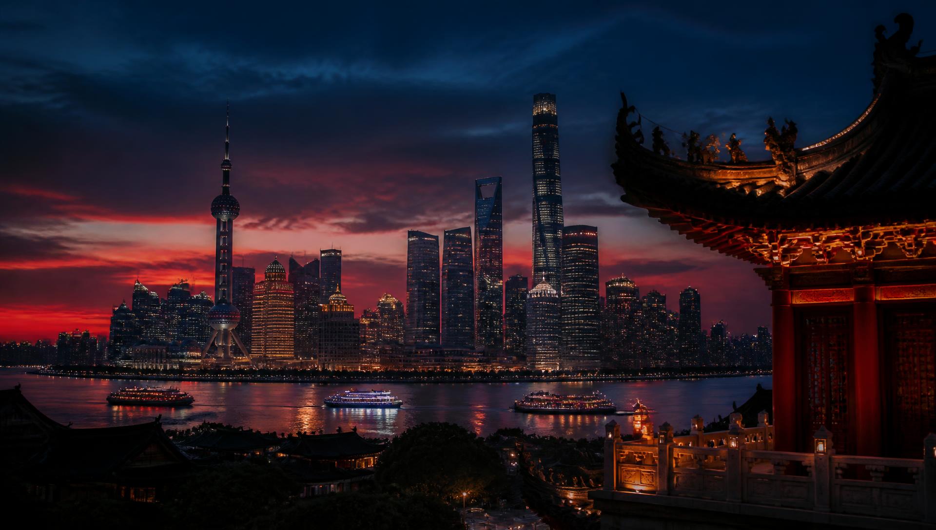 Skyline asiático ao entardecer com telhado tradicional em primeiro plano